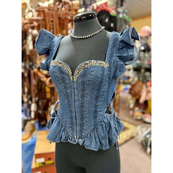 BOUTIQUE Tops - Denim Corset Top with Ruffle Sleeves